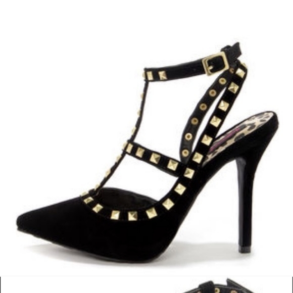 Black studded t-strap pointed heels size 10 - Picture 2 of 8